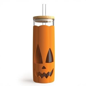 Orange Pumpkin Face Glass Tumbler with Straw